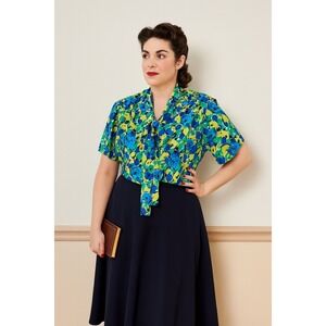 MS. RUSS Floral Blouse Women's Short Sleeve Tie Neck Vintage‎ CEO Office XL